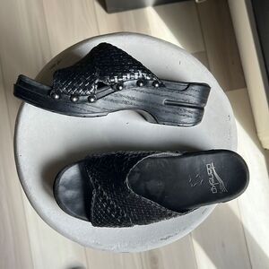 Dansko Heeled Sandals Platform Black Woven Clog Sandal